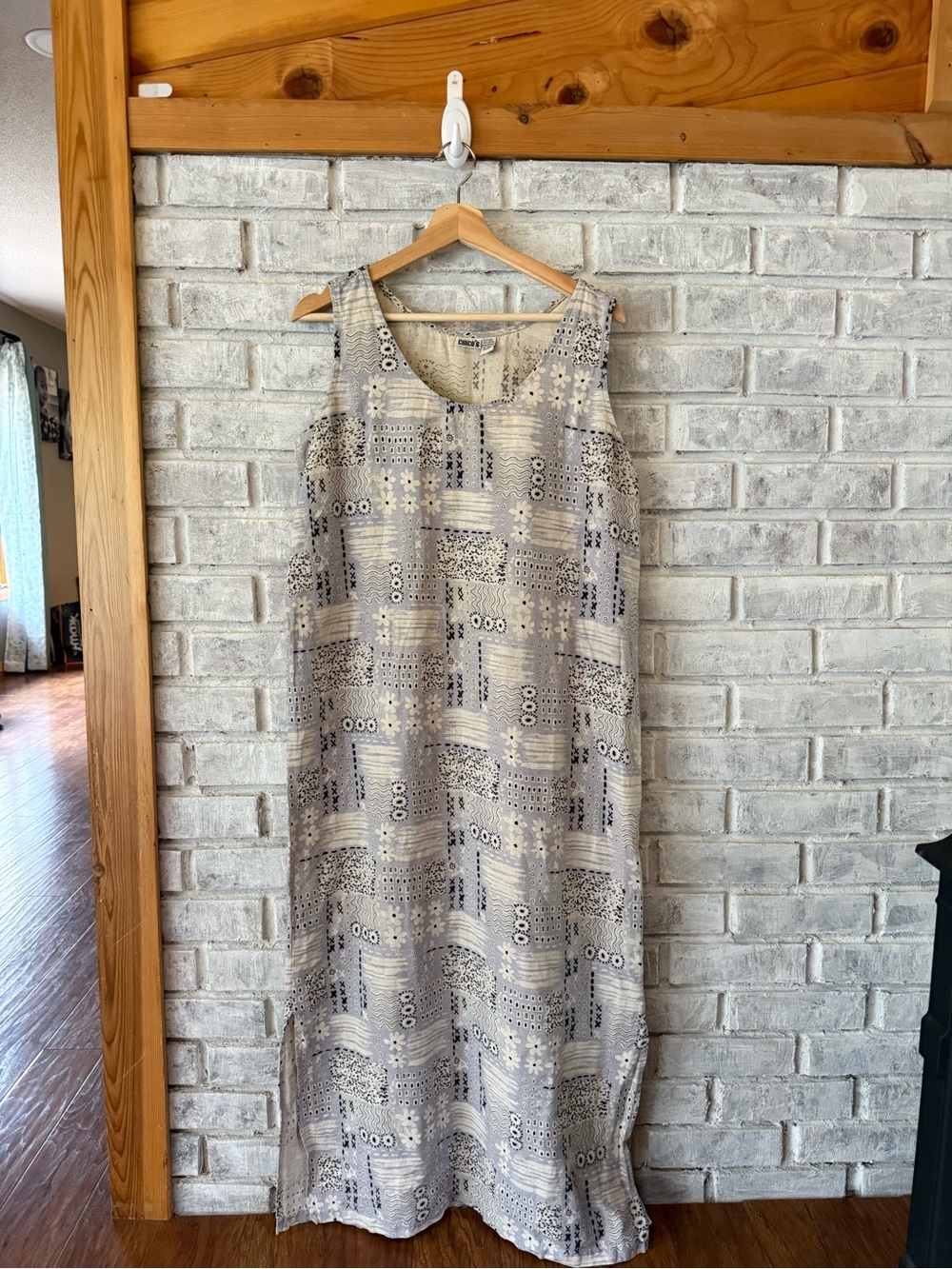 Vintage Chico's Sleeveless Neutral Geo-Print Maxi Dress linen dress